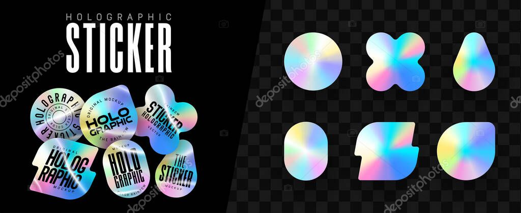 Holographic stickers. Hologram labels of different shapes. Colored blank rainbow shiny emblems, label. Paper Stickers. Vector illustration