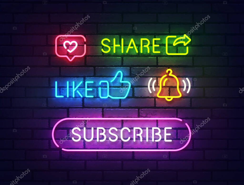 Social button neon. Buy icon. Colored neon buttons. Button like, share, subscribe neon. Vector illustration