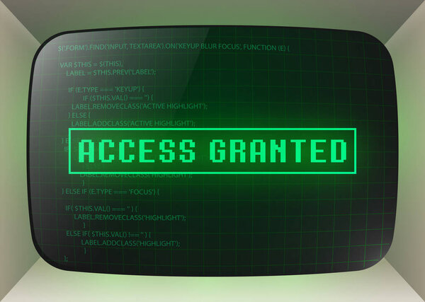 Доступ разрешен. Старый дисплей показывает стадии взлома. Векторная иллюстрация