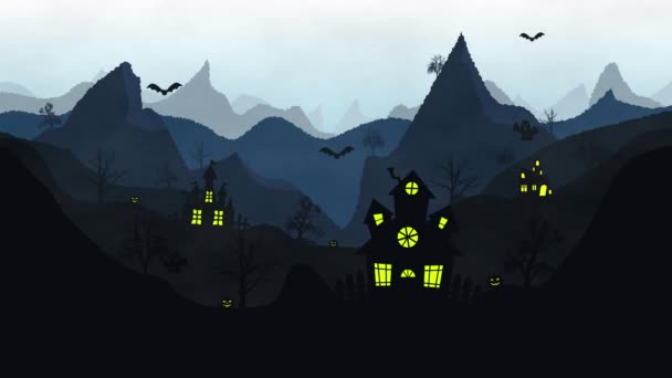 Paisagem Animada Halloween Com Castelos Morcegos Fantasmas Voadores — Vídeo de Stock