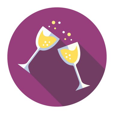 Şampanya bardakları, sevgililer günü, parti, uzun gölgeli düz bir ikon.