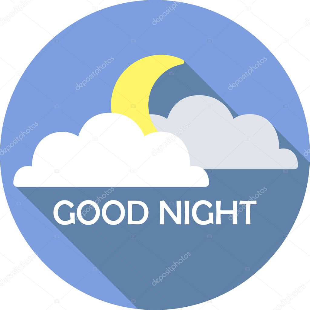 Moonscape, moon in the clouds, good night, flat icon with a long shadow