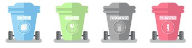 Ayrı çöp toplama, organik, plastik, kağıt, cam, vektör illüstrasyonları için ayrı kaplar