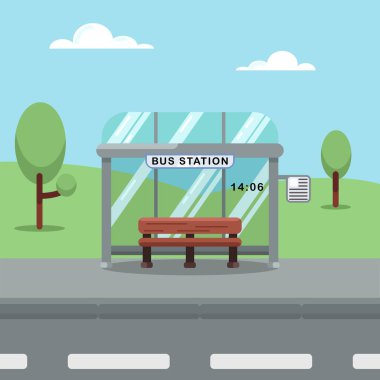 Şehir arkaplanı, otobüs durağı, vektör illüstrasyonuna sahip otobüs durağı düz stil