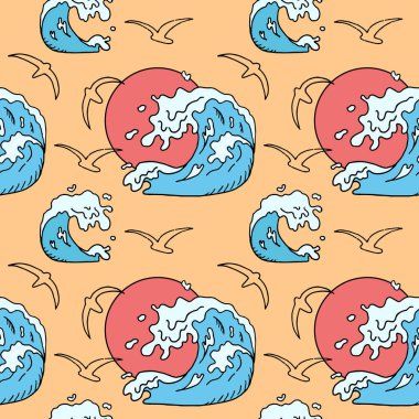 Deniz dalgası çizimi, kusursuz vektör deseni, karalama, el çizimi.