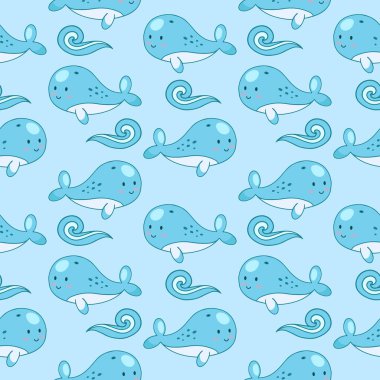 Deniz bitkileri ve hayvanlarla vektör çizimi. Balina ve ispermeçet balinası deniz dalgalarının kusursuz deseni