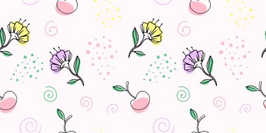 Kiraz ve çiçekli kusursuz desen, el yapımı elementler.