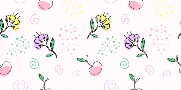 Patrón sin costuras con cereza y flor, elementos dibujados a mano — Vector de stock