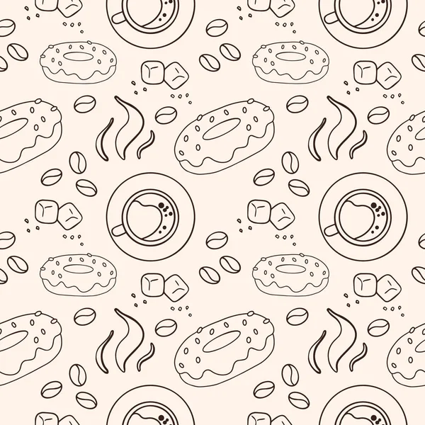 Coffee beans, coffee, donut and sugar, contour, seamless vector pattern