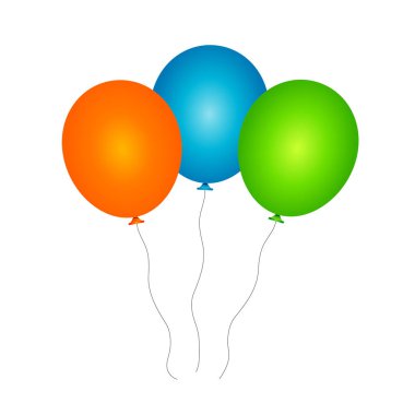 Beyaz arka planda düz dizayn edilmiş bir sürü balon. Üç renkli balondan oluşan vektör çizim seti. Doğum günleri, düğünler, tatiller için turuncu, mavi ve yeşil balon vektör paketi. EPS 10.