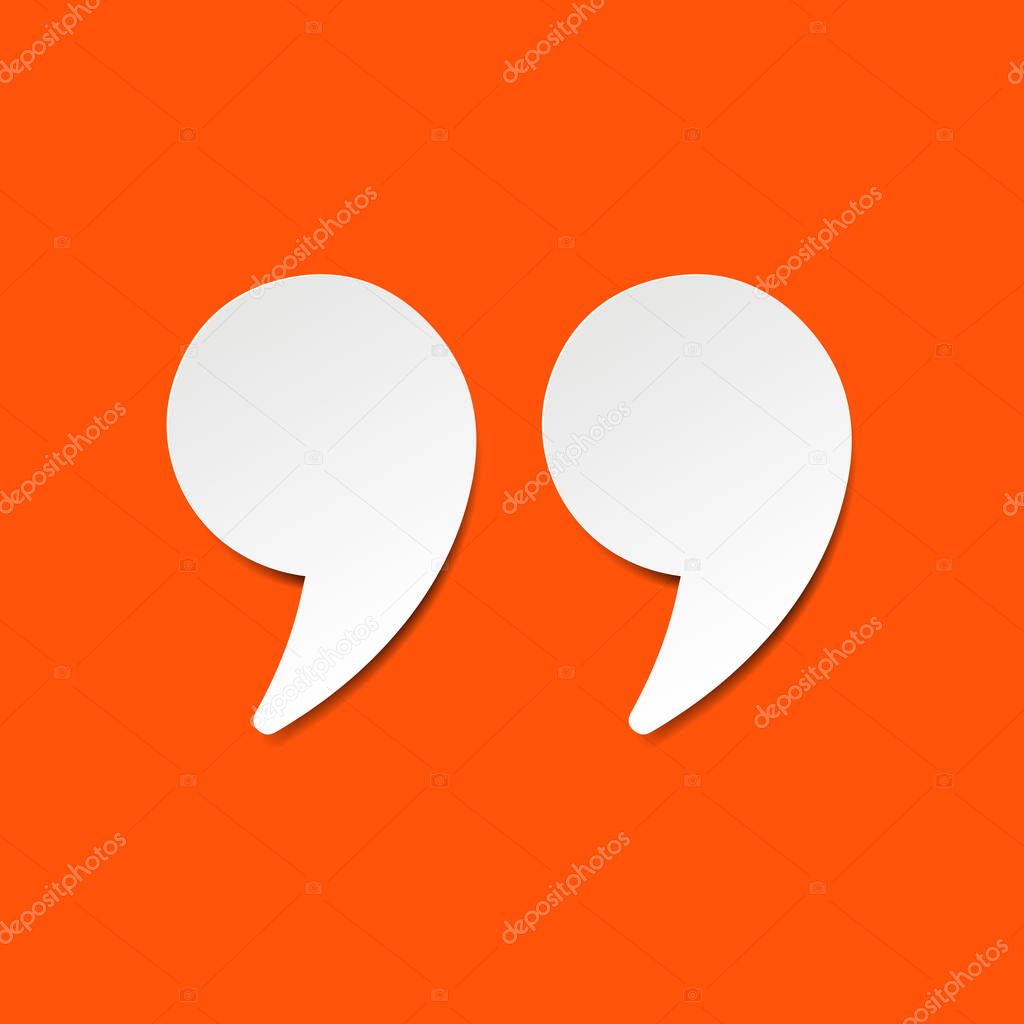 Double quotes symbol with shadow in paper cut style design isolated on orange background. EPS 10 vector illustration.