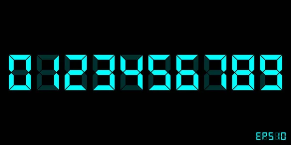 ゼロから9サイアンのデジタル電子時計番号を設定します カウンター クロック ウェブサイト アプリ 黒の背景に隔離されたフラットスタイルのデザインで計算モックアップのためのLcd Led桁セット Eps — ストックベクタ