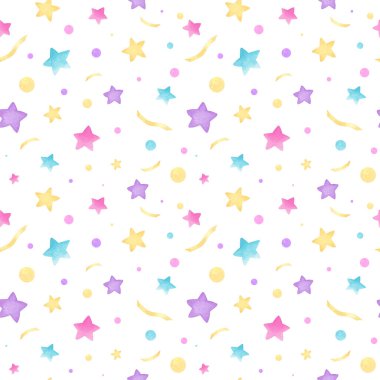 Güzel yıldızlar ve konfetiyle suluboya güzel bir Noel deseni. Şirin sarı, pembe, menekşe ve mavi renkler. Noel şenliksiz beyaz arka planda el çizimi.