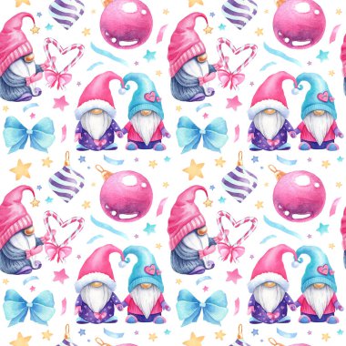 Beyaz arka planda güzel uç dokusu var. Noel tasarımınız için suluboya desenli. İskandinav cüceler, Noel baloları, mavi yaylar, kalpler, yıldızlar, konfetiler.