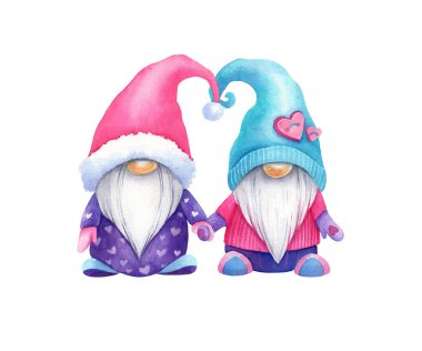 Güzel gey cüceler. Şirin noel cüceleri aşıklar. Noel aşkı. Suluboya el çizimi çizimi. Gurur illüstrasyonu.