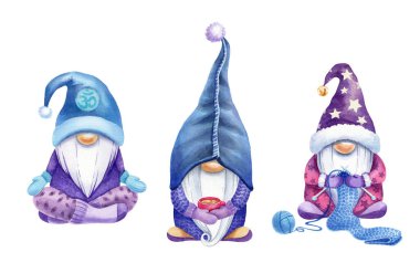 Suluboya şirin noel cüceleri. Bir fincan tişörtlü Noel cücesi, örgü cücesi, yoga cücesi. Tasarımın için güzel noel cüceleri..