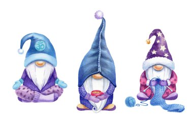 Watercolor cute christmas gnomes. Christmas gnome with cup of tee, knitting gnome, yoga gnome. Nice christmas gnomes for your design. clipart