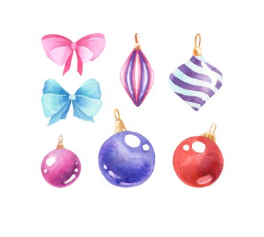 Beyaz arka planda el yapımı suluboya Noel süslemeleri izole edilmiş. İki güzel pembe ve mavi fiyonk, üç mor, mavi ve kırmızı top, ve iki güzel oyuncak..