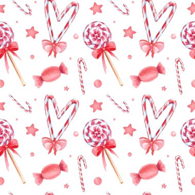 Suluboya el, pek çok şirin unsurla Noel deseni çizdi. Kusursuz noel dokusu. Kırmızı ve beyaz lolipoplar, bonbonlar, karamel, yıldızlar, konfeti. Güzel süs.