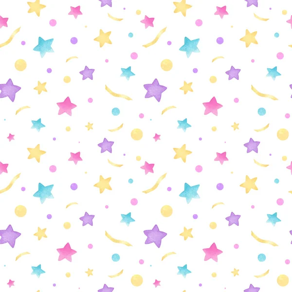 Güzel yıldızlar ve konfetiyle suluboya güzel bir Noel deseni. Şirin sarı, pembe, menekşe ve mavi renkler. Noel şenliksiz beyaz arka planda el çizimi.