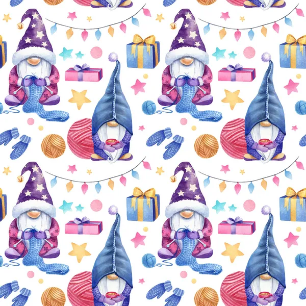 Suluboya beyaz arkaplandaki dokuyu sonlandırır. Noel tasarımın için kusursuz bir desen. İskandinav cüce örgü, bir kupa kakao, kutuda hazır, örgü iplikleri, yıldızlar. Konfeti, toplar. 