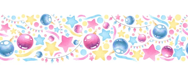 Suluboya, Noel baloları, çelenkler, konfeti ve yıldızlı güzel bir Noel deseni. Güzel renkler. Mutlu Noeller, kusursuz el yapımı doku.. 