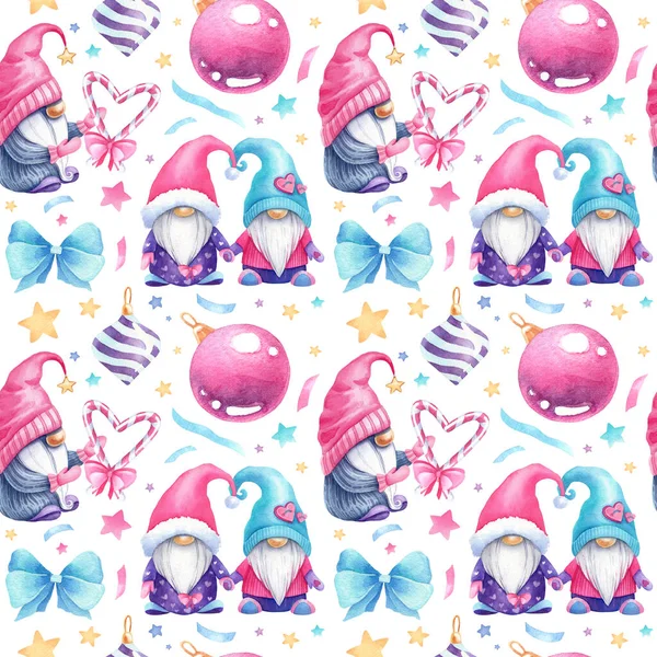 Beyaz arka planda güzel uç dokusu var. Noel tasarımınız için suluboya desenli. İskandinav cüceler, Noel baloları, mavi yaylar, kalpler, yıldızlar, konfetiler.