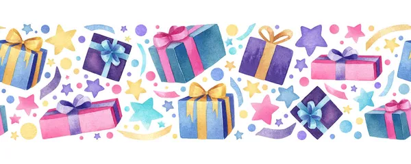 Suluboya, Noel hediyeleri, çelenkler, konfeti ve yıldızlı güzel bir Noel deseni. Güzel renkler. Noel 'in kusursuz el çizimi sınırı.