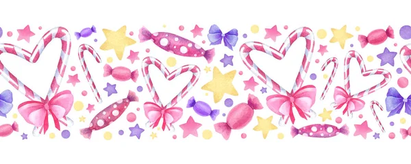 Suluboya el, pek çok şirin unsurla Noel deseni çizdi. Kusursuz noel dokusu. Pembe, mor, mor lolipoplar, bonbonlar, karameller, yıldızlar, konfeti. Sevimli bayram kenarı