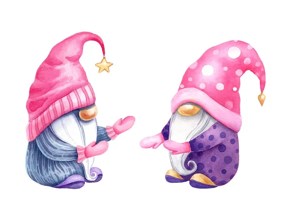 İki elle çizilmiş suluboya cüceler. Noel cüceleri, sevimli, sevimli, kucaklaşmalar. Mavi, pembe, mor ve mor elbiseler. Güzel noel unsurları. Mutlu Noeller ve mutlu yıllar.