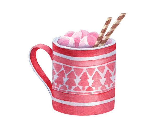 El yapımı, beyaz arka planda marshmallowlu suluboya bardak kakao. Tasarımınız için sevimli bir öge