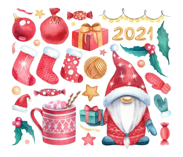 Suluboya el çizimi Noel seti. Beyaz arka plandaki şirin, güzel, şenlikli xmas elementleri izole edilmiş. Kırmızı, yeşil, sarı cüce, bir kupa kakao, çorap, hediyeler, dekorasyon, eldivenler ve diğer elementler..