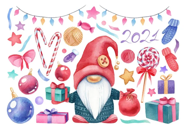 Noel suluboya el yapımı koleksiyon. Beyaz arka plandaki şirin, şenlikli xmas elementleri izole edilmiş. Hediyeler, hediyeler, dekorasyon, eldivenler, şekerler, çelenkler, yıldızlar ve diğer elementlerle dolu cüce..