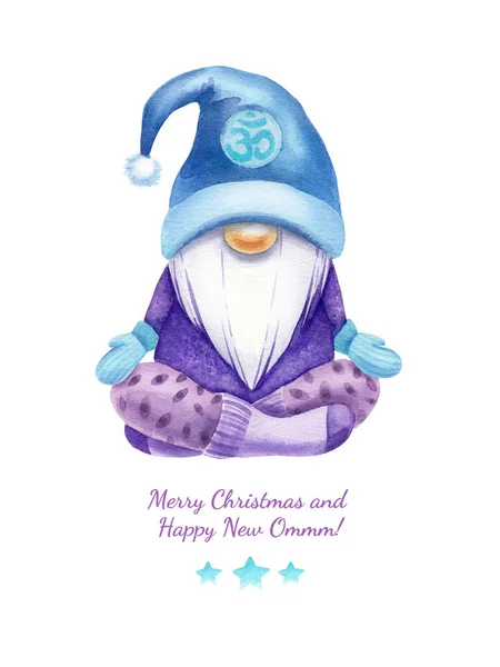 Suluboya kart. Beyaz arka plana el çizilmiş. Şirin cüce yoga yapar. Mutlu noeller diler ve yeni ommm 'lar diler. Mavi, mor, mor renkler