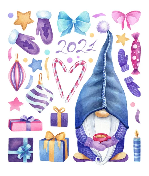 El yapımı Noel suluboya koleksiyonu. Beyaz arka plandaki şirin, şenlikli xmas elementleri izole edilmiş. Hediyeleri, dekorasyonu, eldivenleri, şekeri, yayları, yıldızları ve diğer elementleri olan cüceler. Mutlu Noeller..