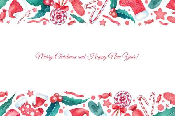 Beyaz arka planda birçok elle çizilmiş suluboya elementleri olan şirin bir şenlik çerçevesi. Kırmızı ve yeşil renkler. Tasarımınız için Noel suluboya çerçevesi. 