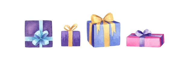 Suluboya parlak el çizimleri beyaz arka planda izole edilmiş hediyeler. Mor, mavi, pembe, şirin fiyonklu hediyeler. Şenlik tasarımınız için Noel unsurları.