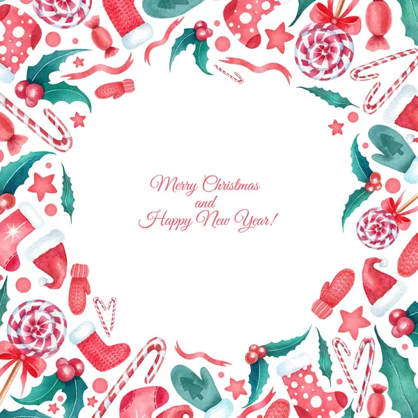 Tasarımınız için Noel suluboya kare çerçevesi. Beyaz arka planda birçok elle çizilmiş suluboya elementleri olan şirin bir şenlik çerçevesi. Kırmızı ve yeşil renkler. Meery Xmas ve Mutlu Yıllar.