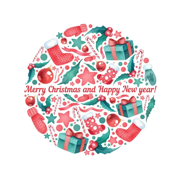 Suluboya el çizimi Noel kartı. Kırmızı ve yeşil dekor, yıldızlar, konfeti, hediyeler, eldivenler ve diğer elementler. Beyaz arka planda şirin, güzel bir Noel elemanı izole edilmiş. Mutlu Noeller ve mutlu yeni yıl bayrağı.