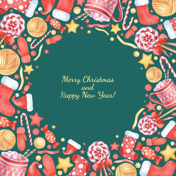 Tasarımın için güzel bir suluboya Noel çerçevesi. Yeşil arka planda birçok elle çizilmiş suluboya elementleri olan şirin bir şenlik çerçevesi. Mutlu Noeller ve mutlu yıllar.!