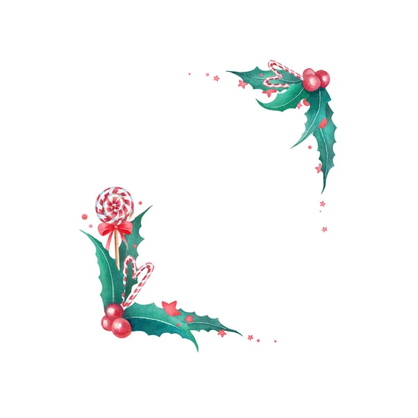 Yılbaşı eli senin tasarımın için suluboya kare çerçeve çizdi. Beyaz arka planda geleneksel kırmızı ve yeşil elementlerle güzel bir şenlik çerçevesi. Güzel Noel kartı arzulama.