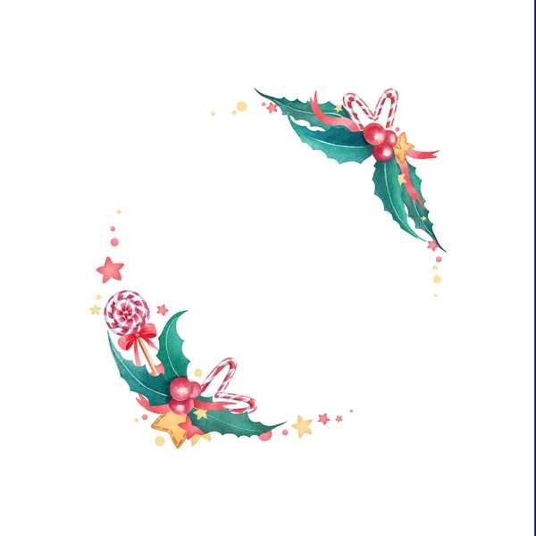 Yılbaşı eli senin tasarımın için suluboya çerçeve çizdi. Beyaz arka planda geleneksel kırmızı, sarı ve yeşil unsurları olan sevimli narin bir çerçeve. Güzel bir Noel kartı arzulanması.