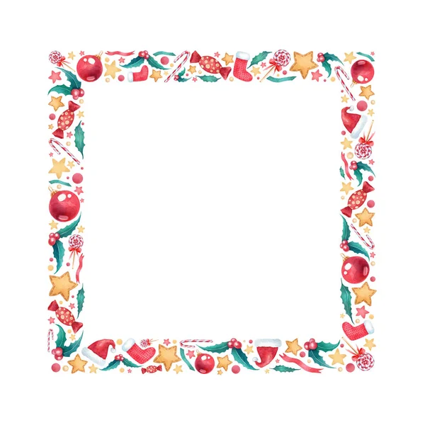 Tasarımın için güzel bir suluboya Noel çerçevesi. Beyaz zemin üzerinde kırmızı, yeşil, sarı elementler çizilmiş birçok elle çizilmiş güzel bir şenlik çerçevesi. Mutlu Noeller ve mutlu yıllar.!