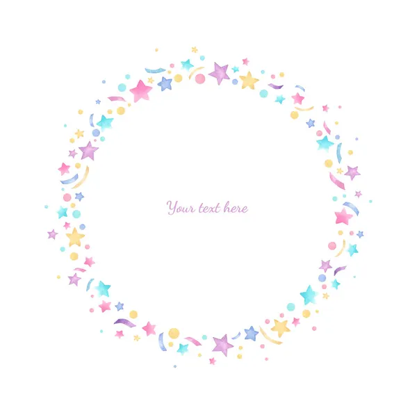 Tasarımın için elle çizilmiş suluboya çerçeve. Beyaz arka planda suluboya elementleri olan şirin bir çerçeve. Pembe, bulanık, mor yıldızlar. Güzel şenlik kartı.. 
