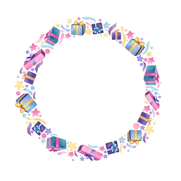 Beyaz arka planda suluboya elementleri olan sevimli yuvarlak çerçeve. Tasarımın için el çizimi suluboya çerçevesi. Güzel şenlik kartı. Mutlu Noeller ve mutlu yıllar.!