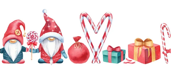 Elle çizilmiş suluboya desenli. Hediyeler, İskandinav cüceler, şekerler, çuval. Beyaz arkaplanda Noel süsü.