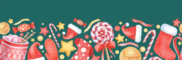 Yılbaşı unsurları olan kusursuz bir metin. Suluboya Noel eli sonsuz desen çizdi. Bardak, çorap, lolipop, Noel şapkası, eldivenler, yıldızlar, yeşil arka planda dekor. Mutlu Noeller ve mutlu yıllar..