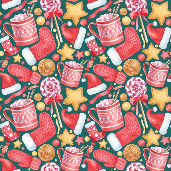 Suluboya Noel el çizimi desen. Yılbaşı unsurları olan kusursuz bir metin. Yeşil arka planda birçok unsur var. Kupa, çorap, lolipop, noel şapkası, eldivenler, yıldızlar, dekor. Sonsuz doku