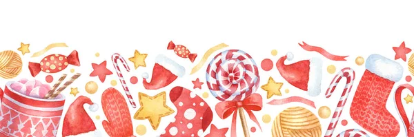 Suluboya Noel eli sonsuz desen çizdi. Yılbaşı unsurları olan kusursuz bir metin. Bardak, çorap, lolipop, Noel şapkası, eldivenler, yıldızlar, beyaz arka planda dekor. Mutlu Noeller ve mutlu yıllar..