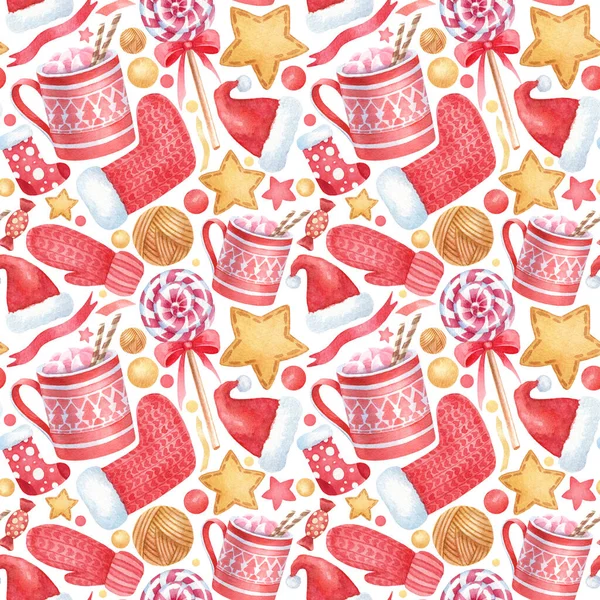 Suluboya Noel el çizimi desen. Yılbaşı unsurları olan kusursuz bir metin. Bardak, çorap, lolipop, Noel şapkası, eldivenler, yıldızlar, dekor. Şenlikli sonsuz arkaplan.